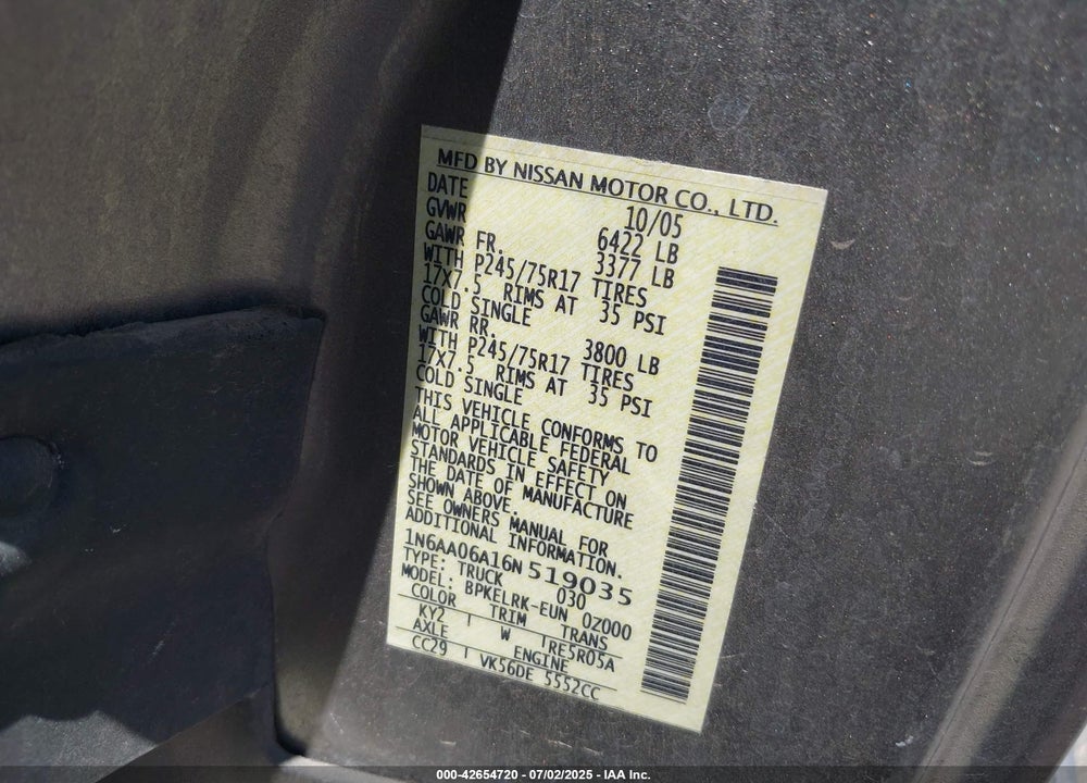 2006 NISSAN TITAN XE VIN: 1N6AA06A16N519035