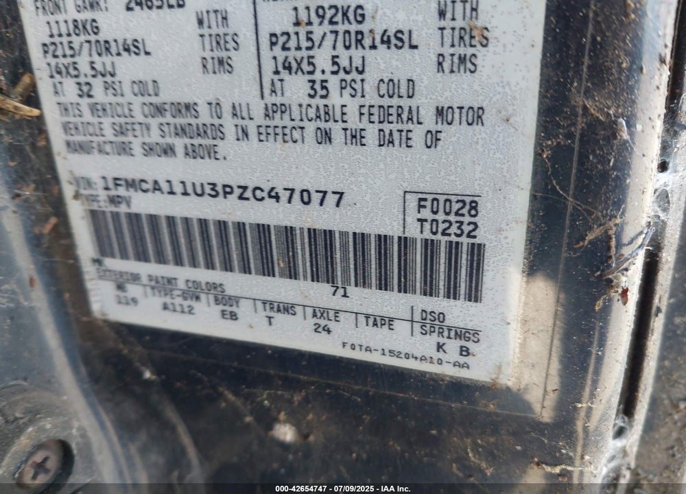 1993 FORD AEROSTAR VIN: 1FMCA11U3PZC47077