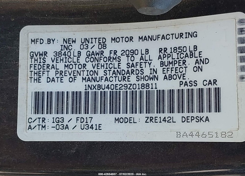 2009 TOYOTA COROLLA VIN: 1NXBU40E29Z018811