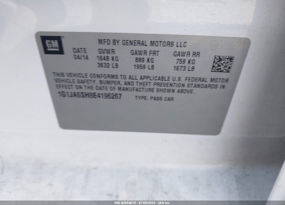 2014 CHEVROLET SONIC VIN: 1G1JA6SH8E4196267