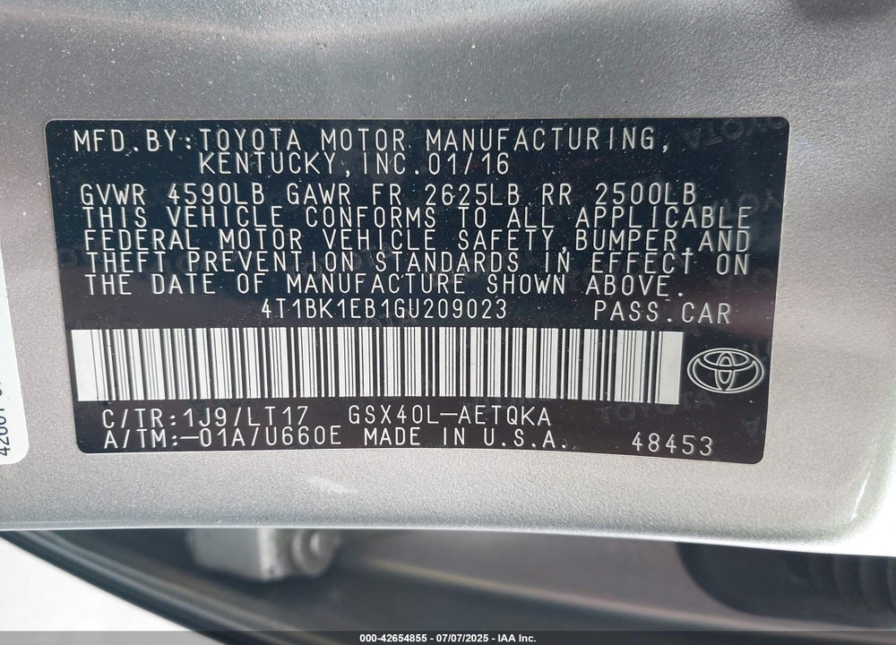 2016 TOYOTA AVALON TOURING VIN: 4T1BK1EB1GU209023