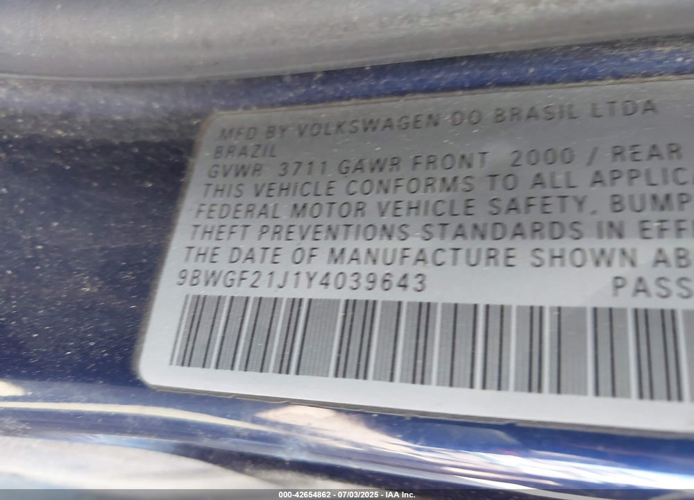 2000 VOLKSWAGEN GOLF GLS TDI VIN: 9BWGF21J1Y4039643