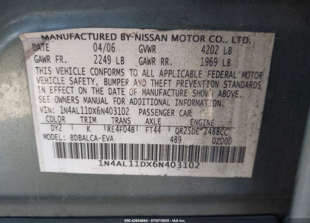 2006 NISSAN ALTIMA VIN: 1N4AL11DX6N403102