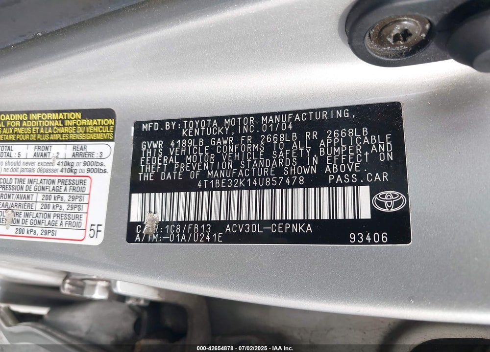 2004 TOYOTA CAMRY LE VIN: 4T1BE32K14U857478