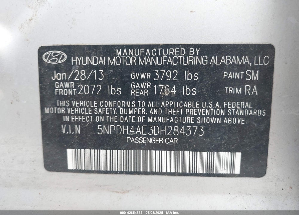2013 HYUNDAI ELANTRA VIN: 5NPDH4AE3DH284373