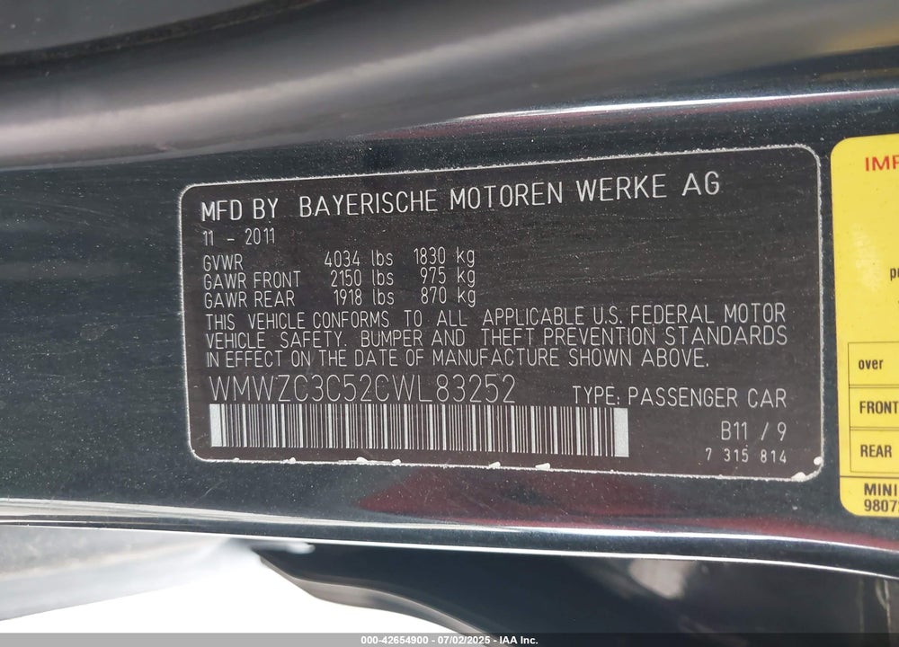 2012 MINI COOPER VIN: WMWZC3C52CWL83252