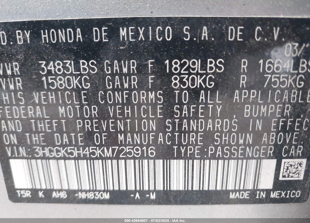 2019 HONDA FIT LX VIN: 3HGGK5H45KM725916