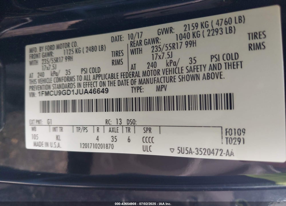 2018 FORD ESCAPE VIN: 1FMCU9GD1JUA46649