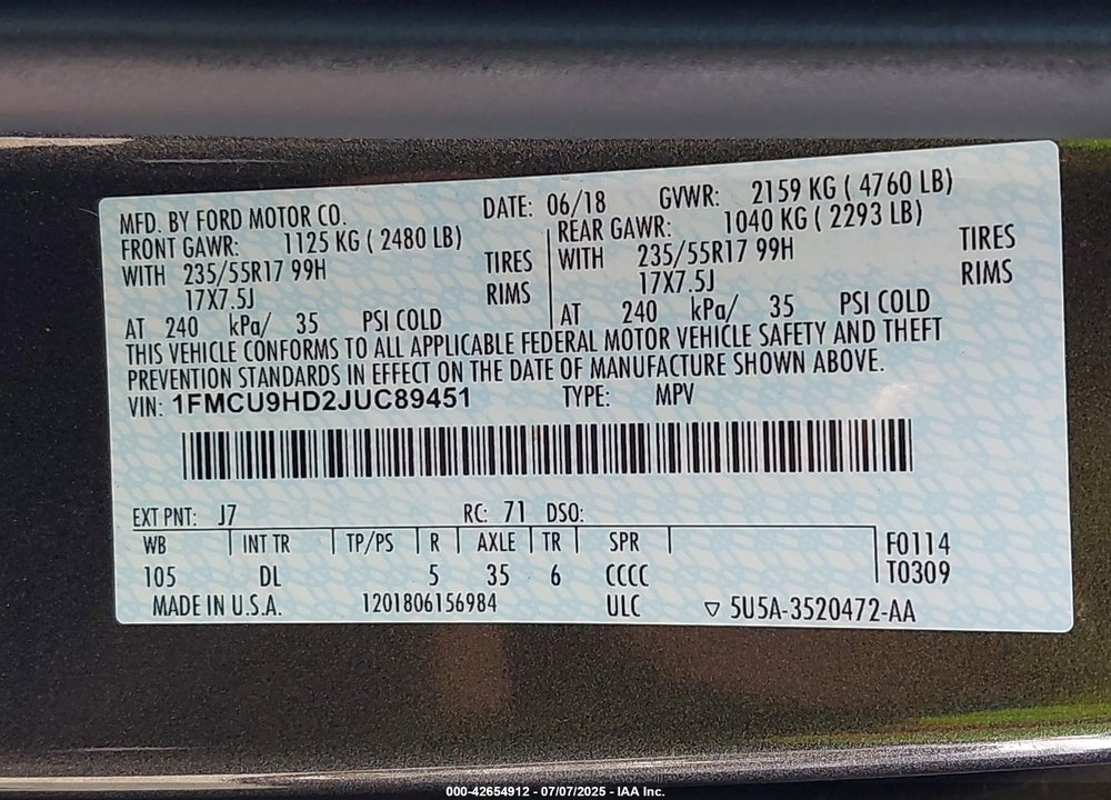 2018 FORD ESCAPE VIN: 1FMCU9HD2JUC89451