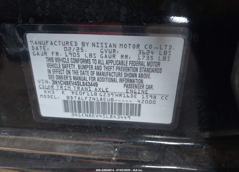 2025 NISSAN VERSA VIN: 3N1CN8EV4SL843449