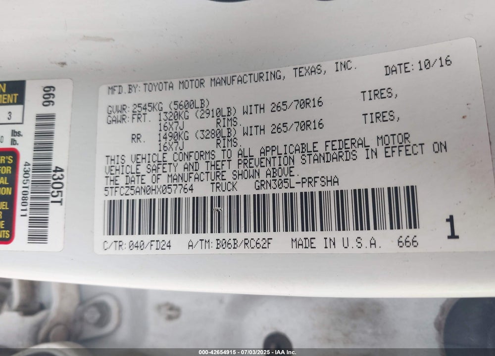 2017 TOYOTA TACOMA VIN: 5TFCZ5AN0HX057764