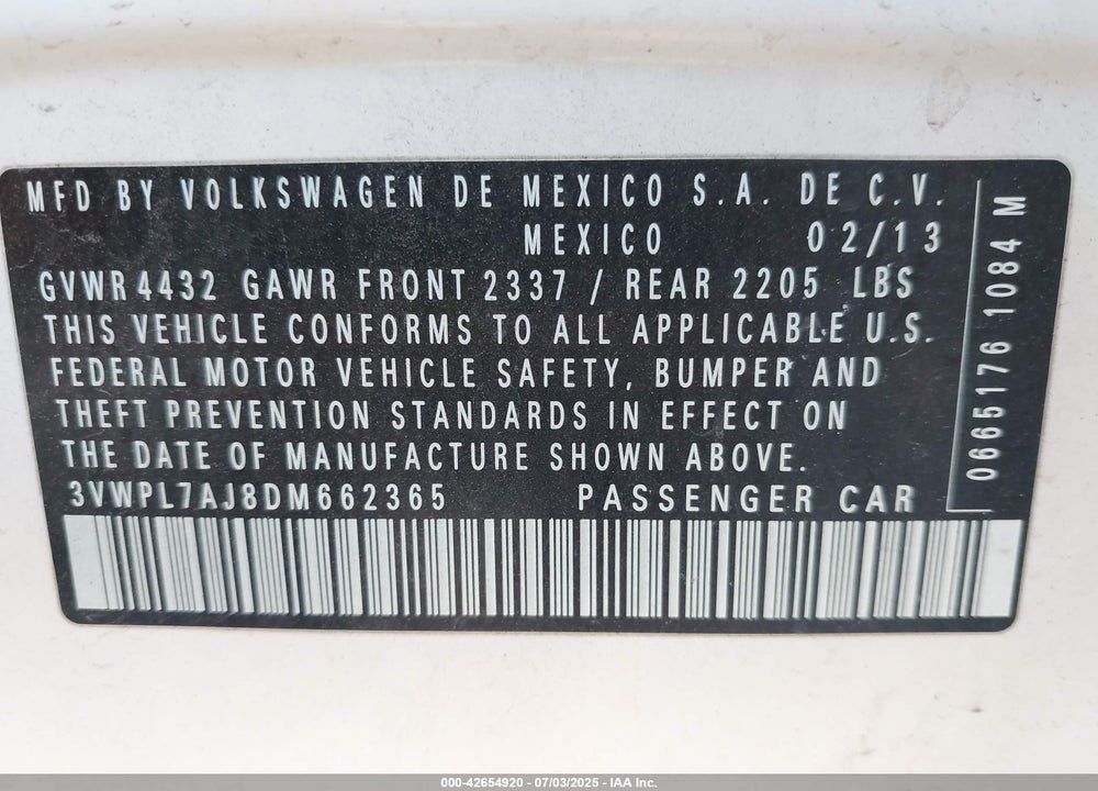 2013 VOLKSWAGEN JETTA VIN: 3VWPL7AJ8DM662365
