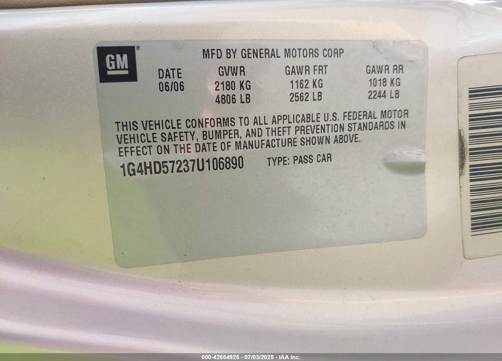 2007 BUICK LUCERNE CXL VIN: 1G4HD57237U106890