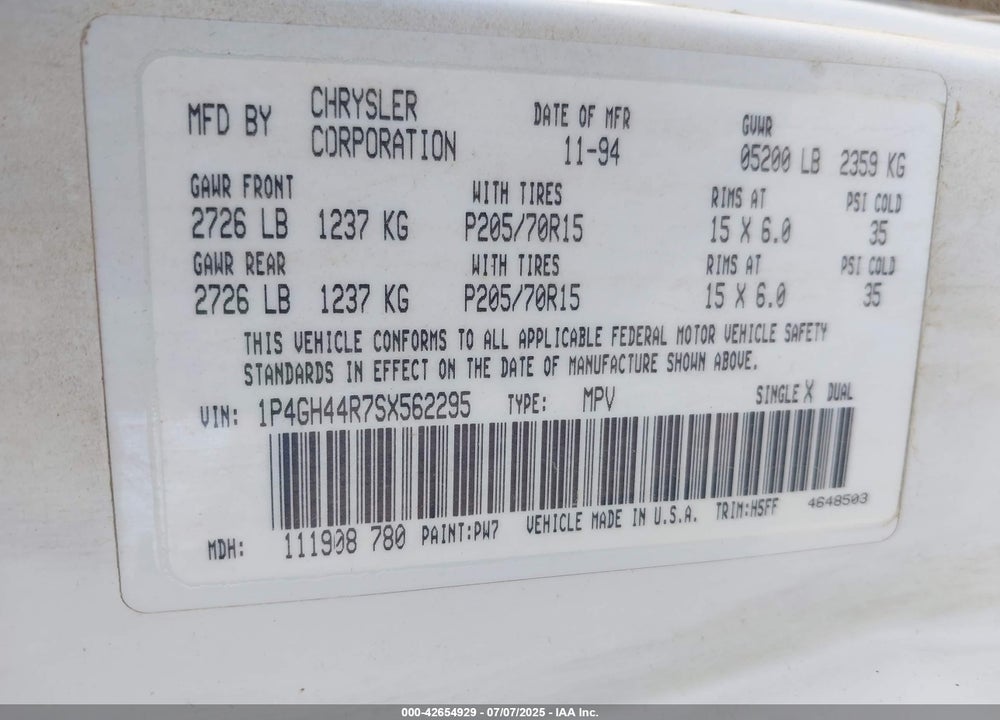1995 PLYMOUTH GRAND VOYAGER SE VIN: 1P4GH44R7SX562295