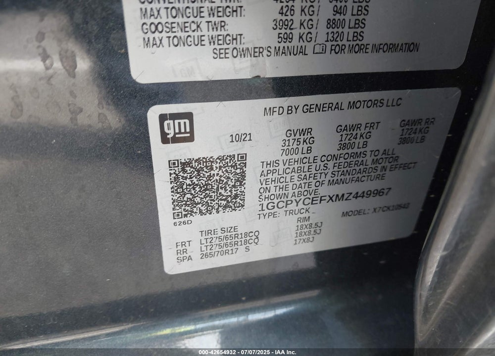 2021 CHEVROLET SILVERADO 1500 VIN: 1GCPYCEFXMZ449967