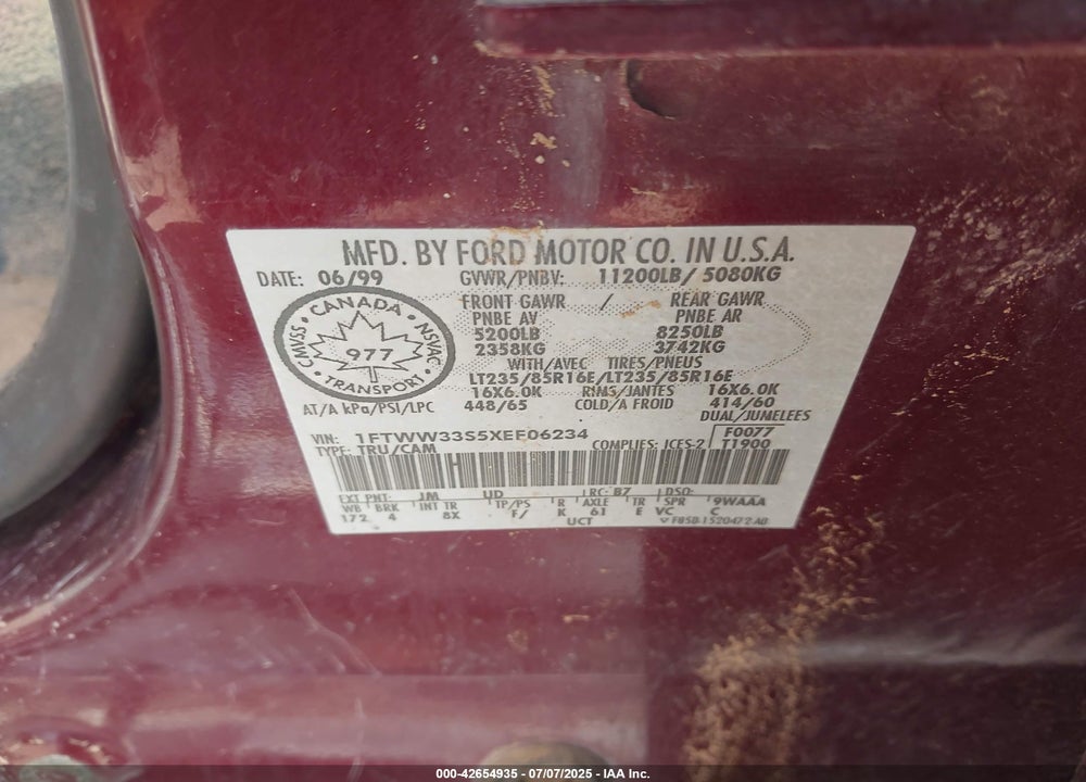 1999 FORD F-350 LARIAT/XL/XLT VIN: 1FTWW33S5XEF06234