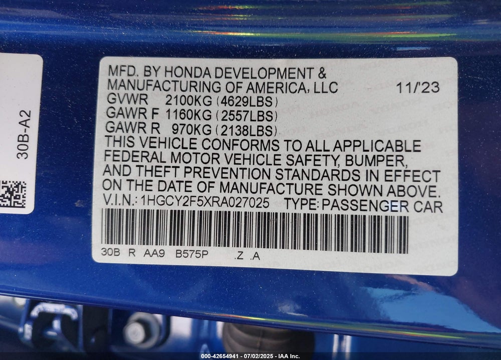 2024 HONDA ACCORD HYBRID SPORT VIN: 1HGCY2F5XRA027025