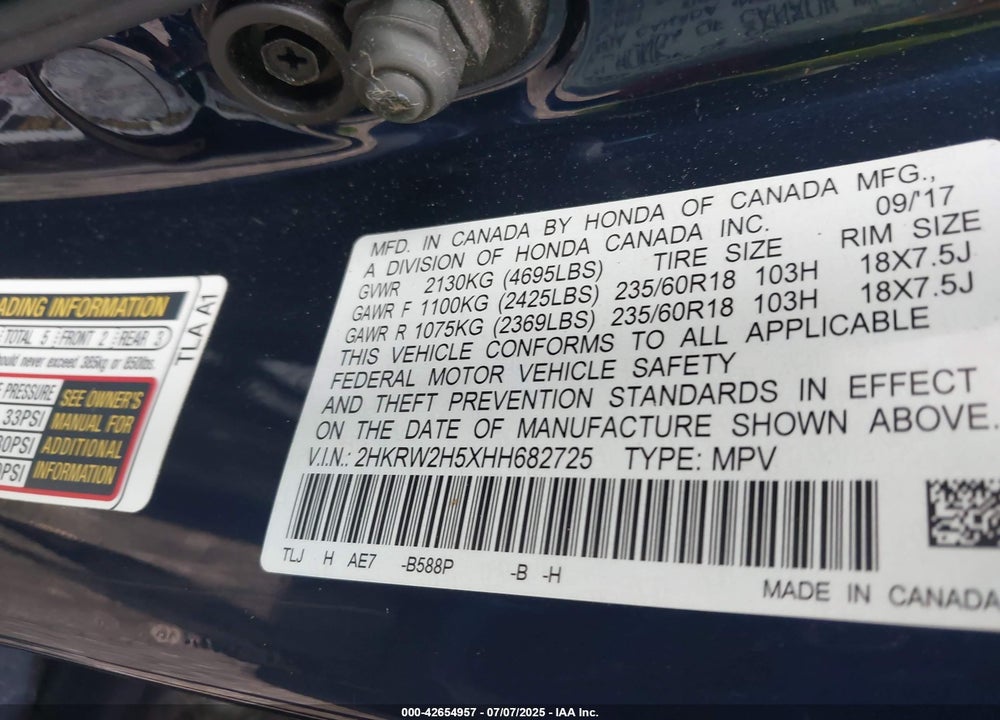2017 HONDA CR-V VIN: 2HKRW2H5XHH682725