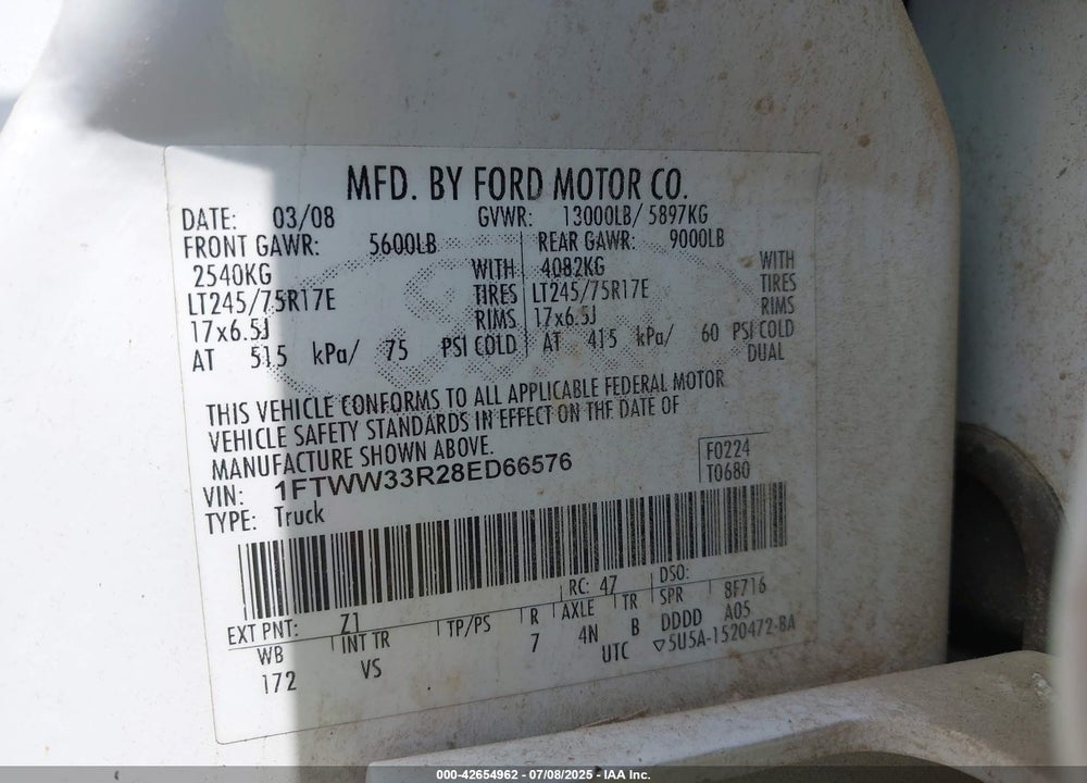 2008 FORD F-350 FX4/KING RANCH/LARIAT/XL/XLT VIN: 1FTWW33R28ED66576