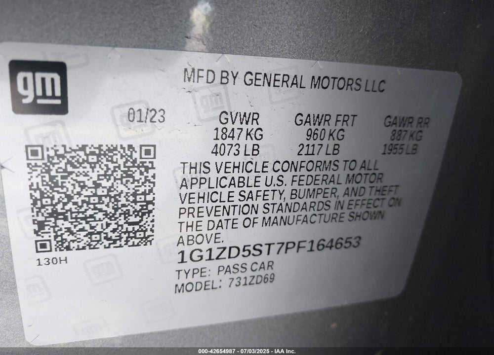 2023 CHEVROLET MALIBU FWD 1LT VIN: 1G1ZD5ST7PF164653