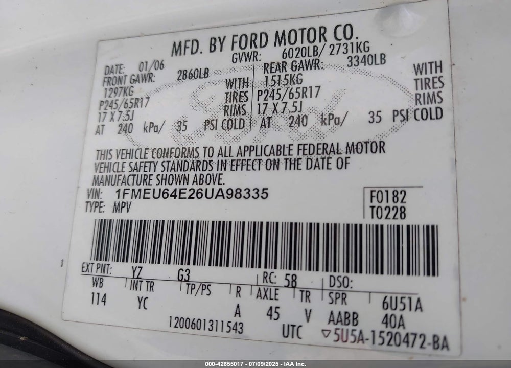 2006 FORD EXPLORER VIN: 1FMEU64E26UA98335