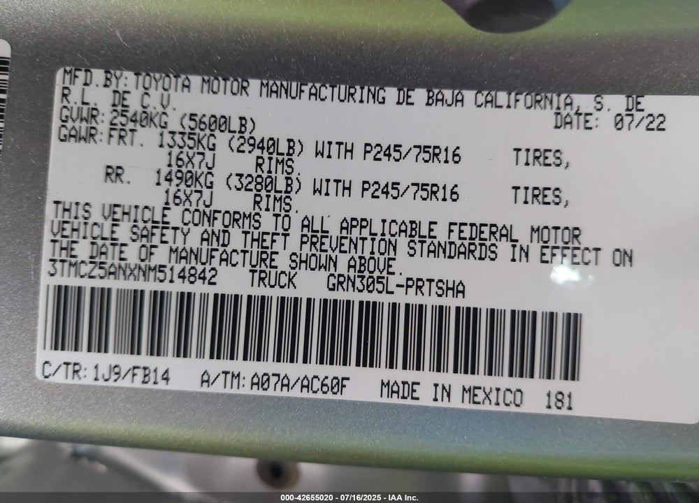 2022 TOYOTA TACOMA VIN: 3TMCZ5ANXNM514842
