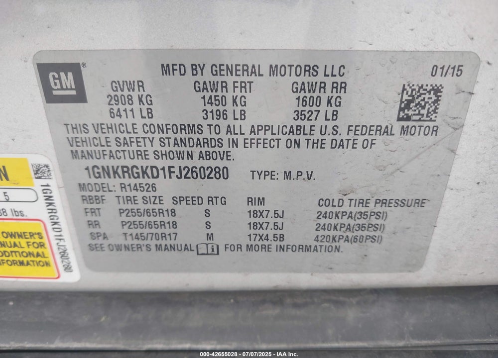 2015 CHEVROLET TRAVERSE 1LT VIN: 1GNKRGKD1FJ260280