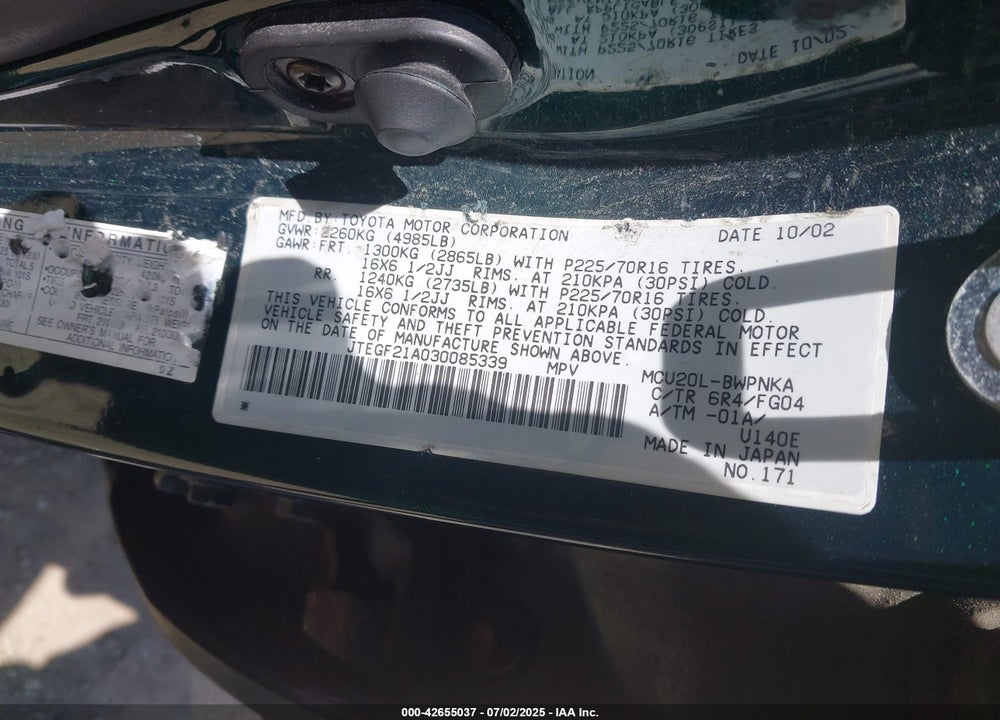 2003 TOYOTA HIGHLANDER V6 VIN: JTEGF21A030085339