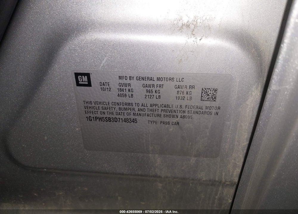 2013 CHEVROLET CRUZE VIN: 1G1PH5SB3D7148345