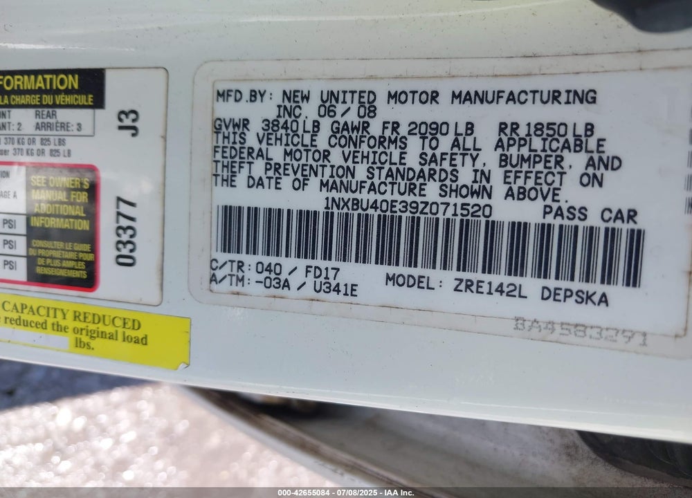 2009 TOYOTA COROLLA VIN: 1NXBU40E39Z071520