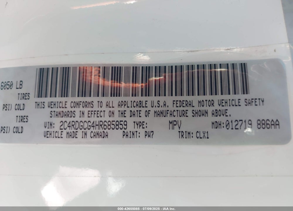 2017 DODGE GRAND CARAVAN VIN: 2C4RDGCG4HR685859