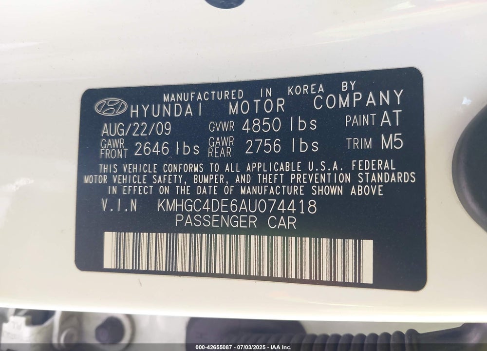 2010 HYUNDAI GENESIS VIN: KMHGC4DE6AU074418