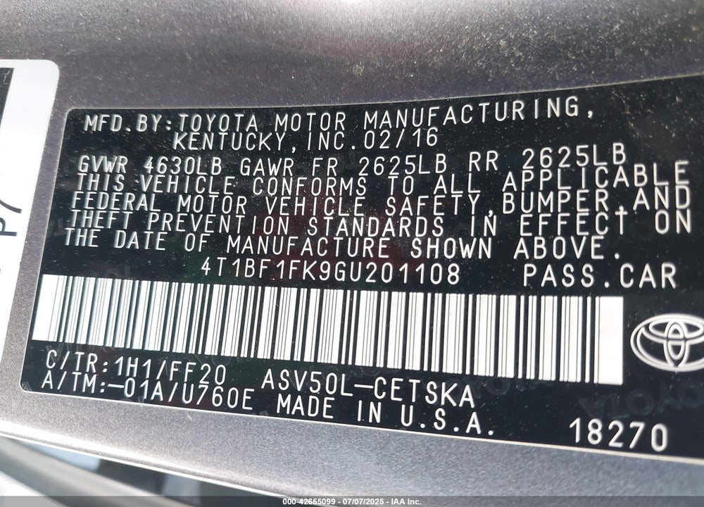 2016 TOYOTA CAMRY SE VIN: 4T1BF1FK9GU201108