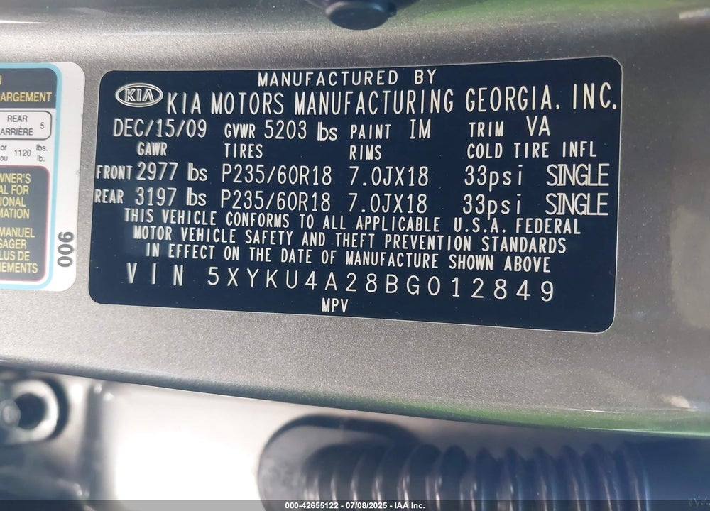 2011 KIA SORENTO VIN: 5XYKU4A28BG012849