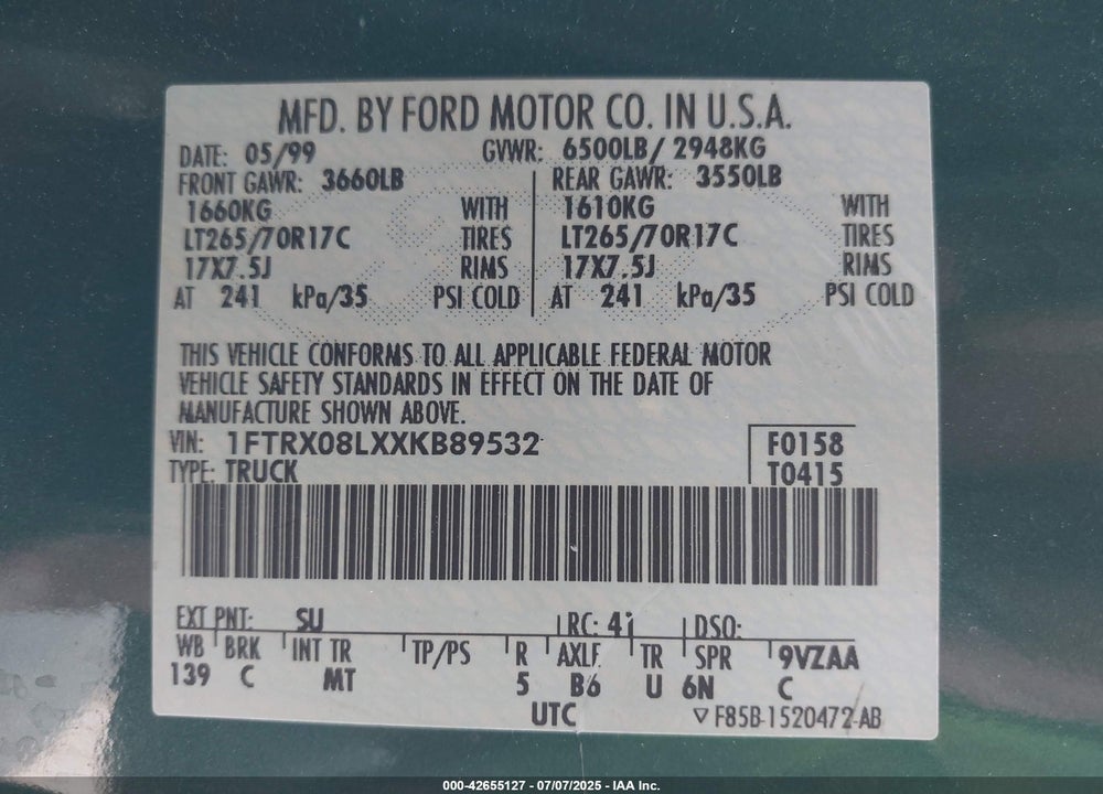 1999 FORD F-150 LARIAT/XL/XLT VIN: 1FTRX08LXXKB89532