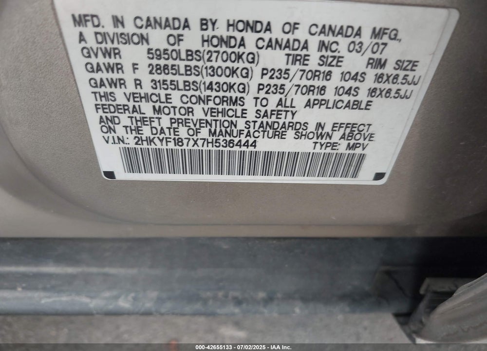 2007 HONDA PILOT VIN: 2HKYF187X7H536444