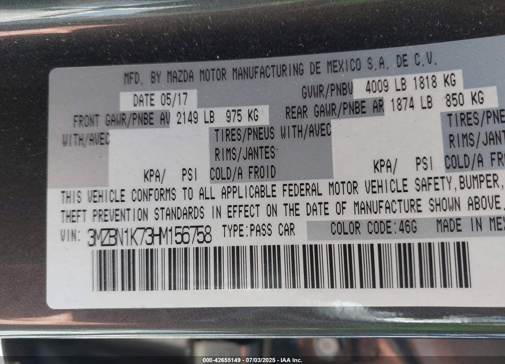 2017 MAZDA MAZDA3 VIN: 3MZBN1K73HM156758