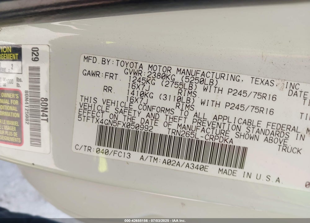 2015 TOYOTA TACOMA VIN: 5TFTX4GN5FX050992