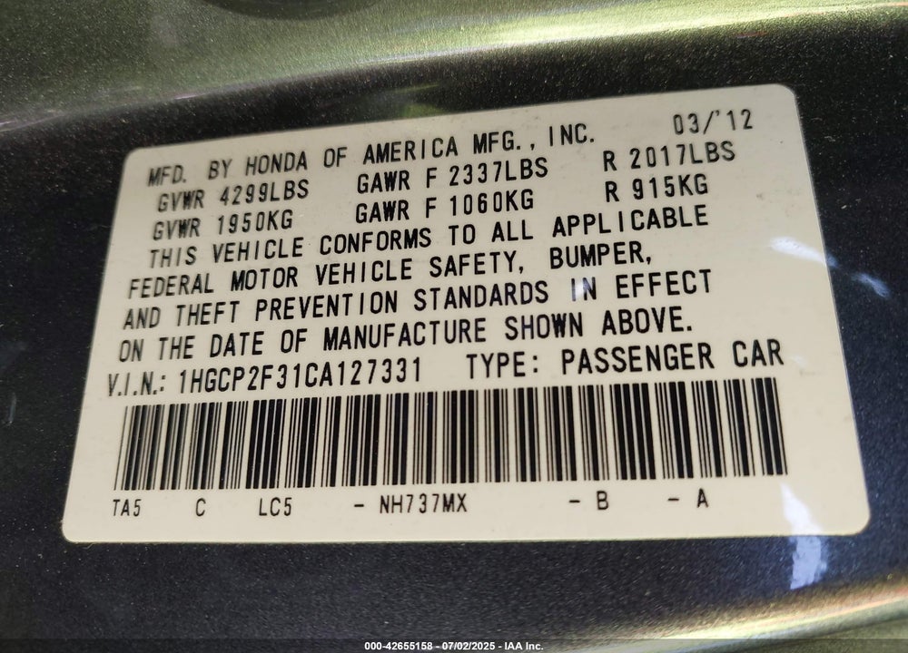 2012 HONDA ACCORD VIN: 1HGCP2F31CA127331