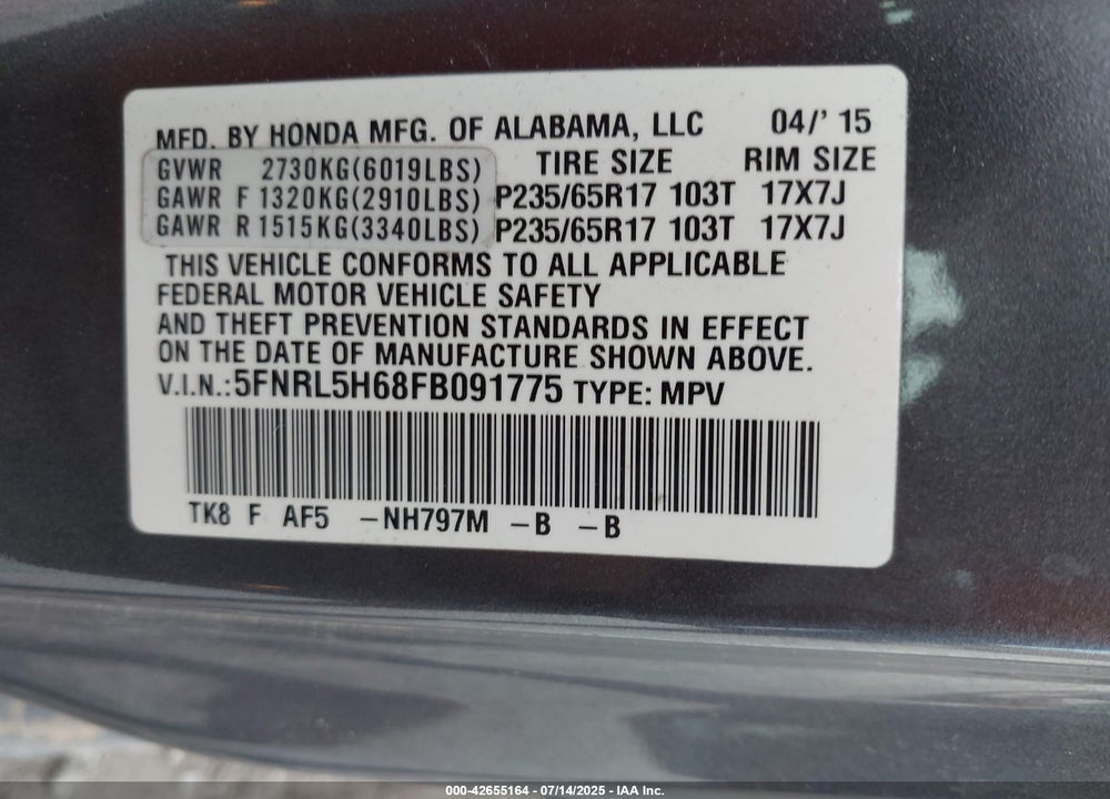 2015 HONDA ODYSSEY EX-L VIN: 5FNRL5H68FB091775