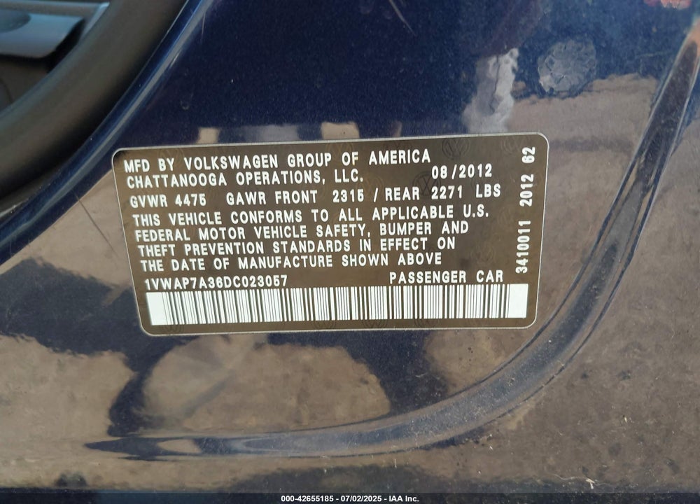 2013 VOLKSWAGEN PASSAT VIN: 1VWAP7A36DC023057