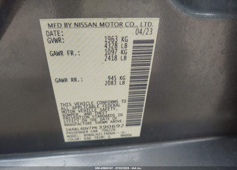 2023 NISSAN ALTIMA VIN: 1N4BL4DV7PN390692