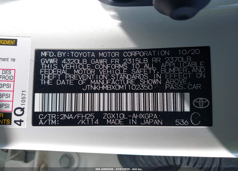 2021 TOYOTA C-HR VIN: JTNKHMBX0M1102350
