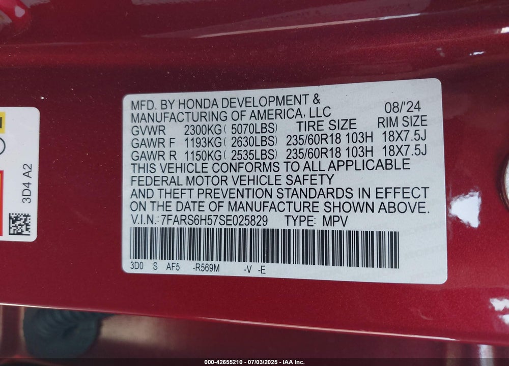 2025 HONDA CR-V HYBRID SPORT VIN: 7FARS6H57SE025829