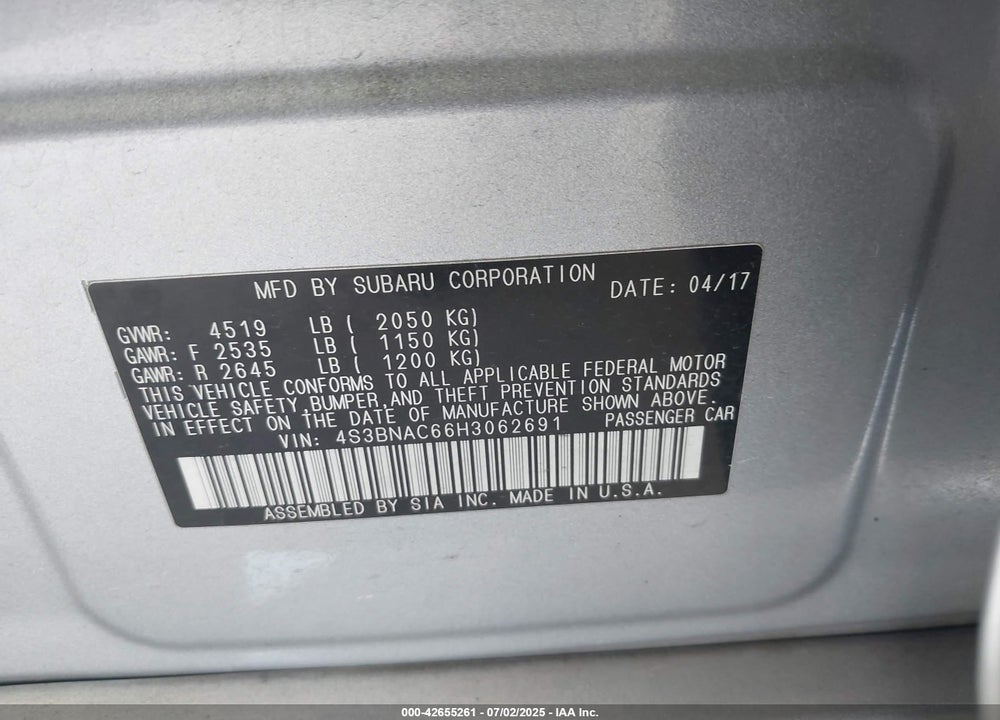 2017 SUBARU LEGACY 2.5I PREMIUM VIN: 4S3BNAC66H3062691