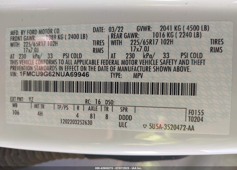 2022 FORD ESCAPE VIN: 1FMCU9G62NUA69946