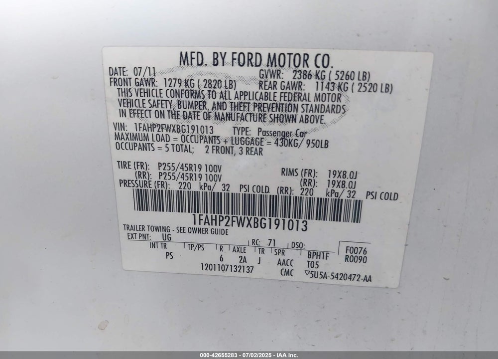 2011 FORD TAURUS VIN: 1FAHP2FWXBG191013