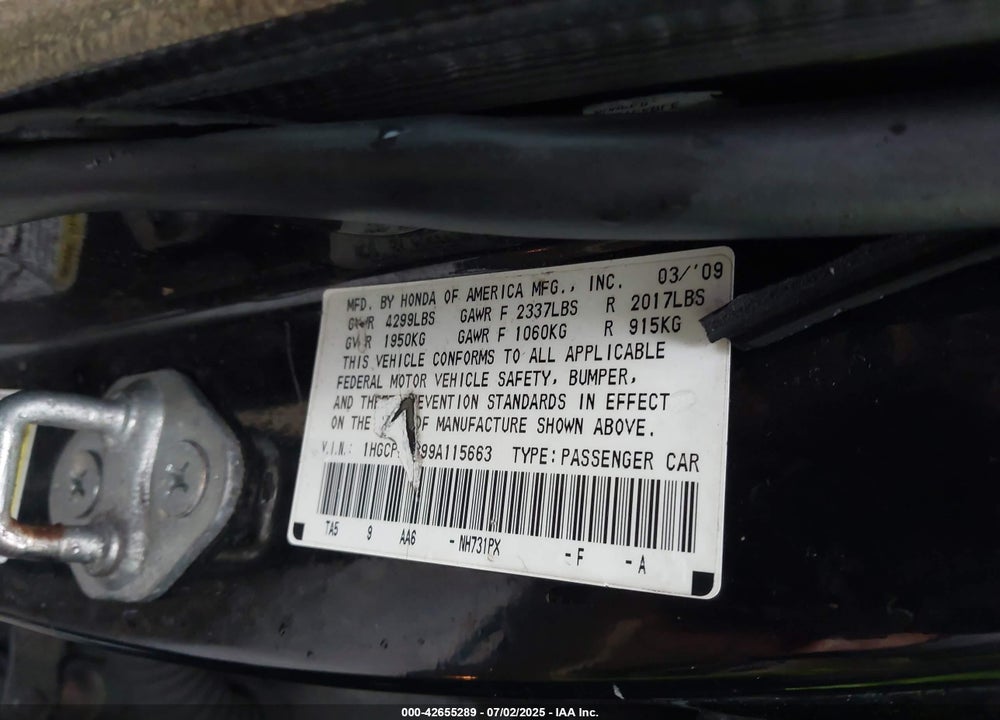 2009 HONDA ACCORD VIN: 1HGCP26399A115663