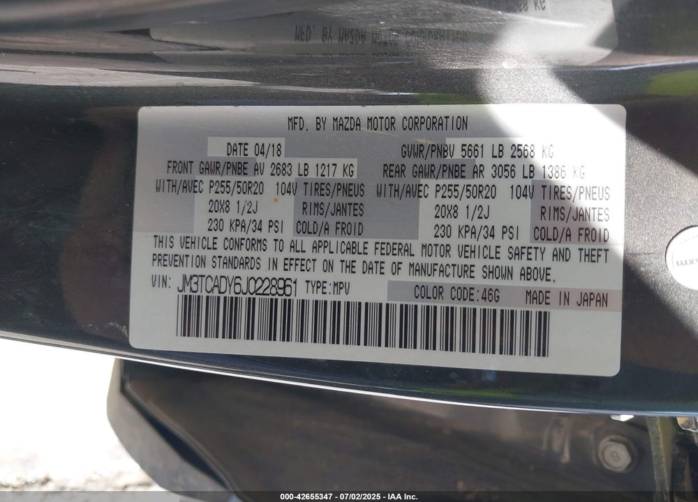 2018 MAZDA CX-9 VIN: JM3TCADY6J0228961