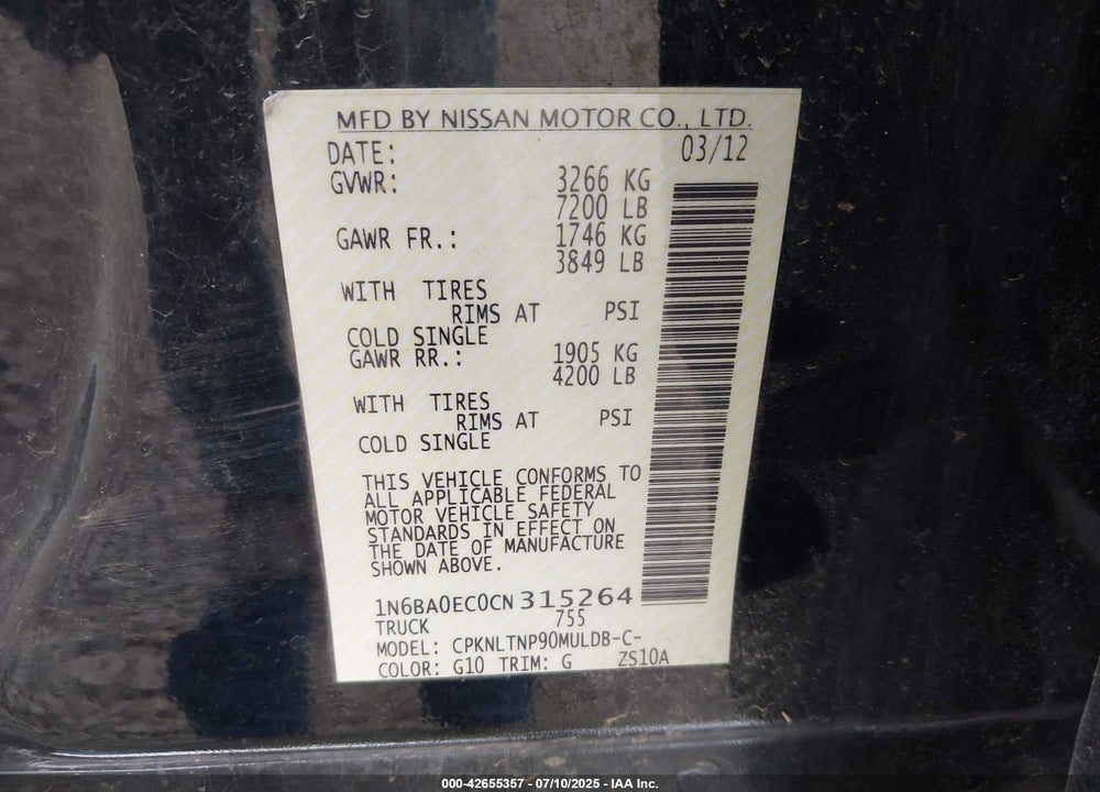 2012 NISSAN TITAN SV VIN: 1N6BA0EC0CN315264